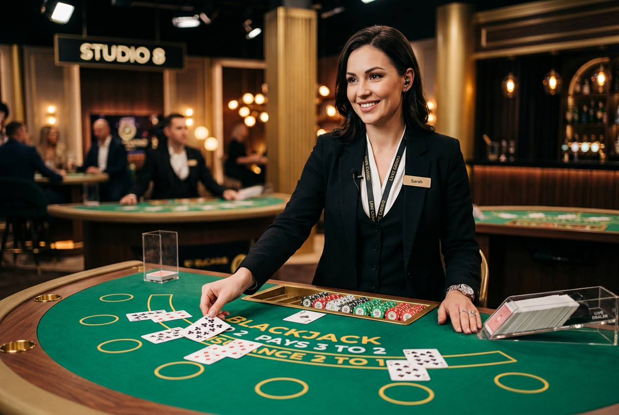 Professional live dealer at a modern blackjack table.