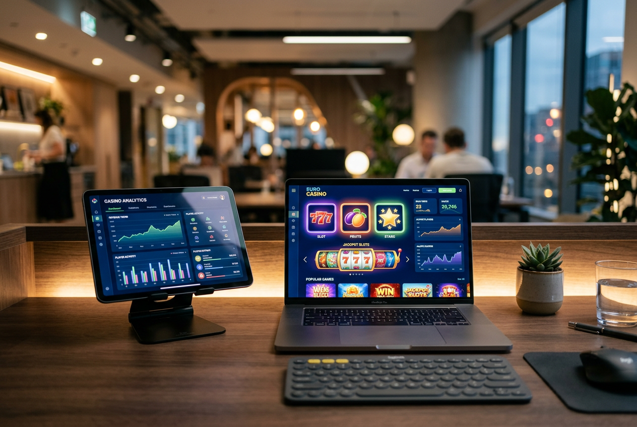 A professional workspace with a laptop and tablet showing modern online casino interfaces.