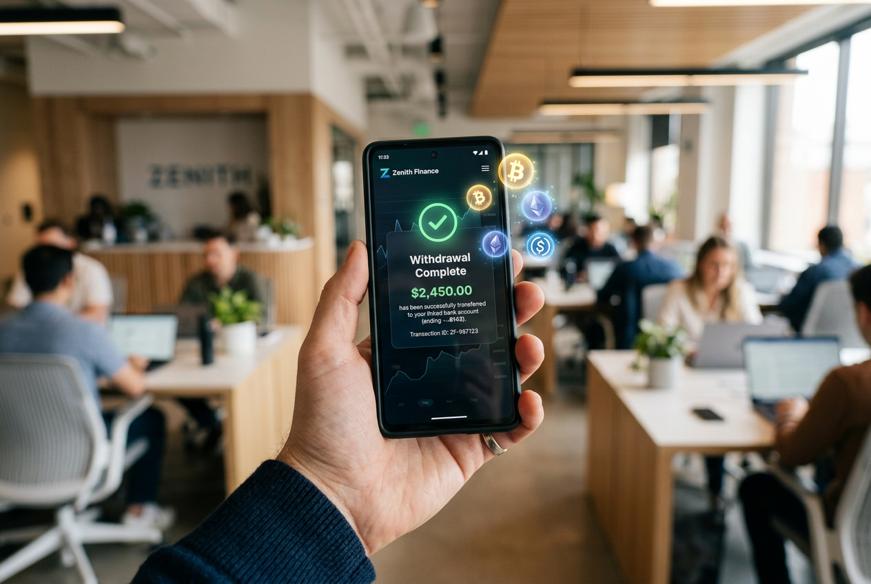 Smartfon wyświetlający potwierdzenie błyskawicznej wypłaty środków.